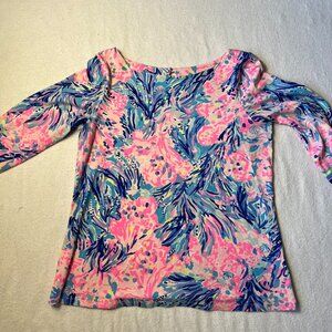 Lilly Pulitzer Women’s Blouse Size Medium 3/4 Sleeve Blue Pink Floral